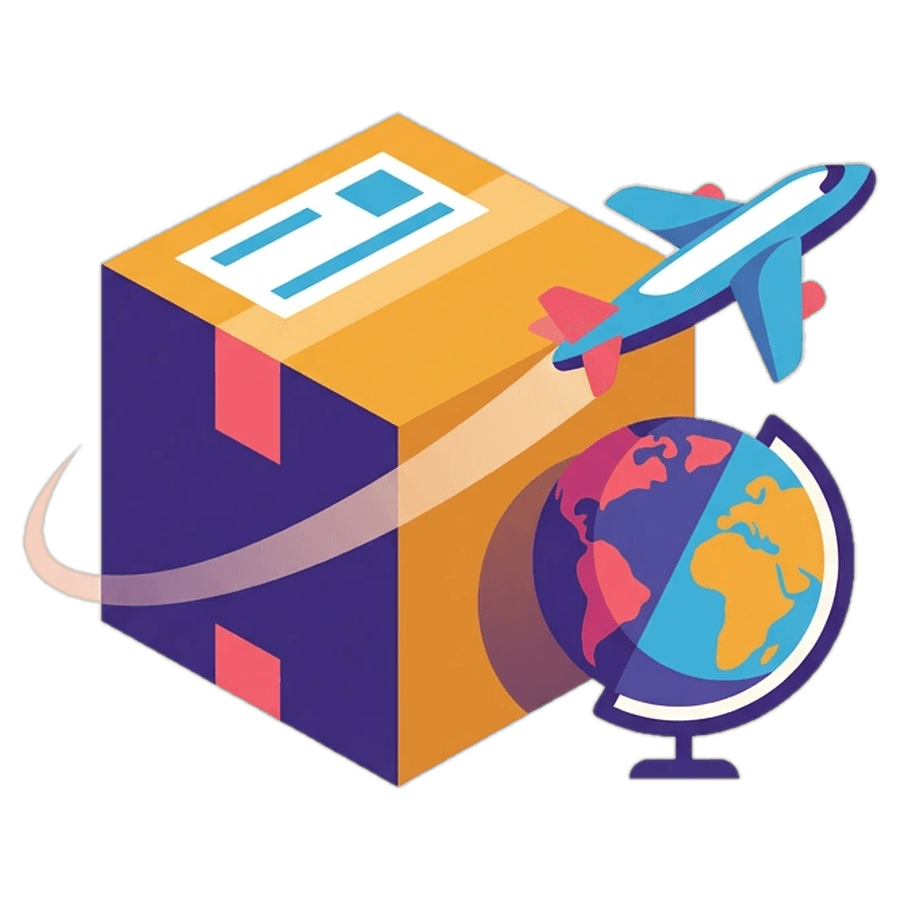 An illustration of a parcel, a globe and a plane
