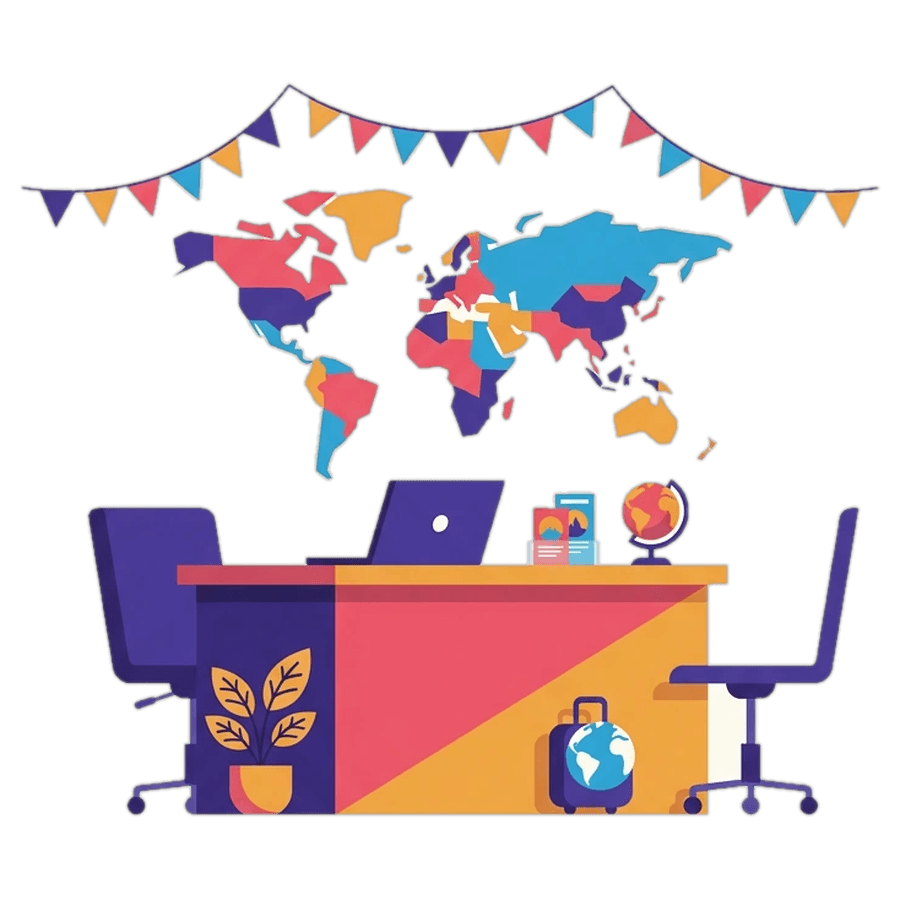 An illustration of a travel agency counter with a world map and flags