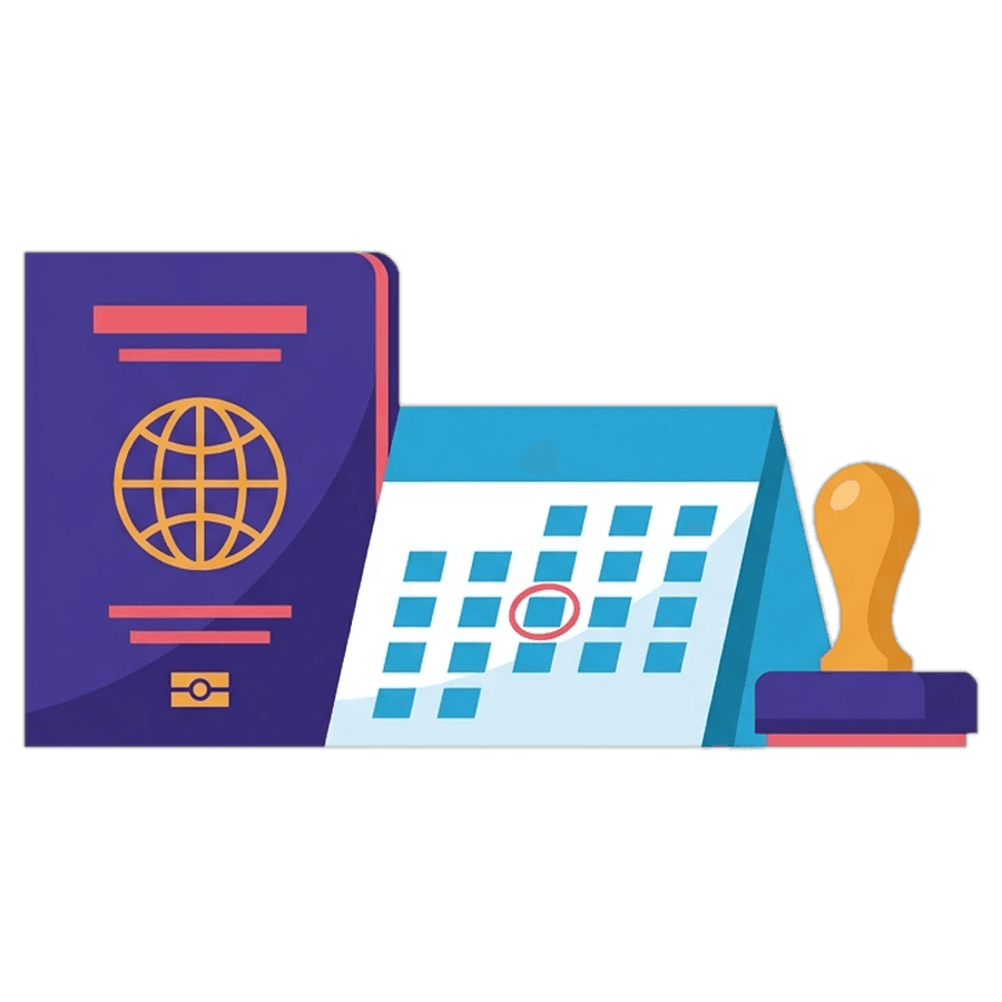 An illustration of a passport, a calendar and a rubber stamp