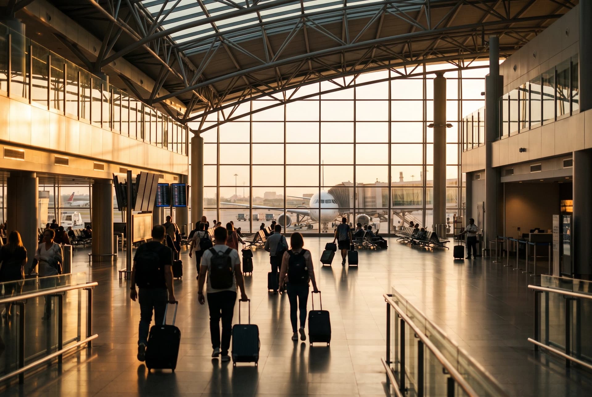 Travellers with suitcases in an airport departure hall
