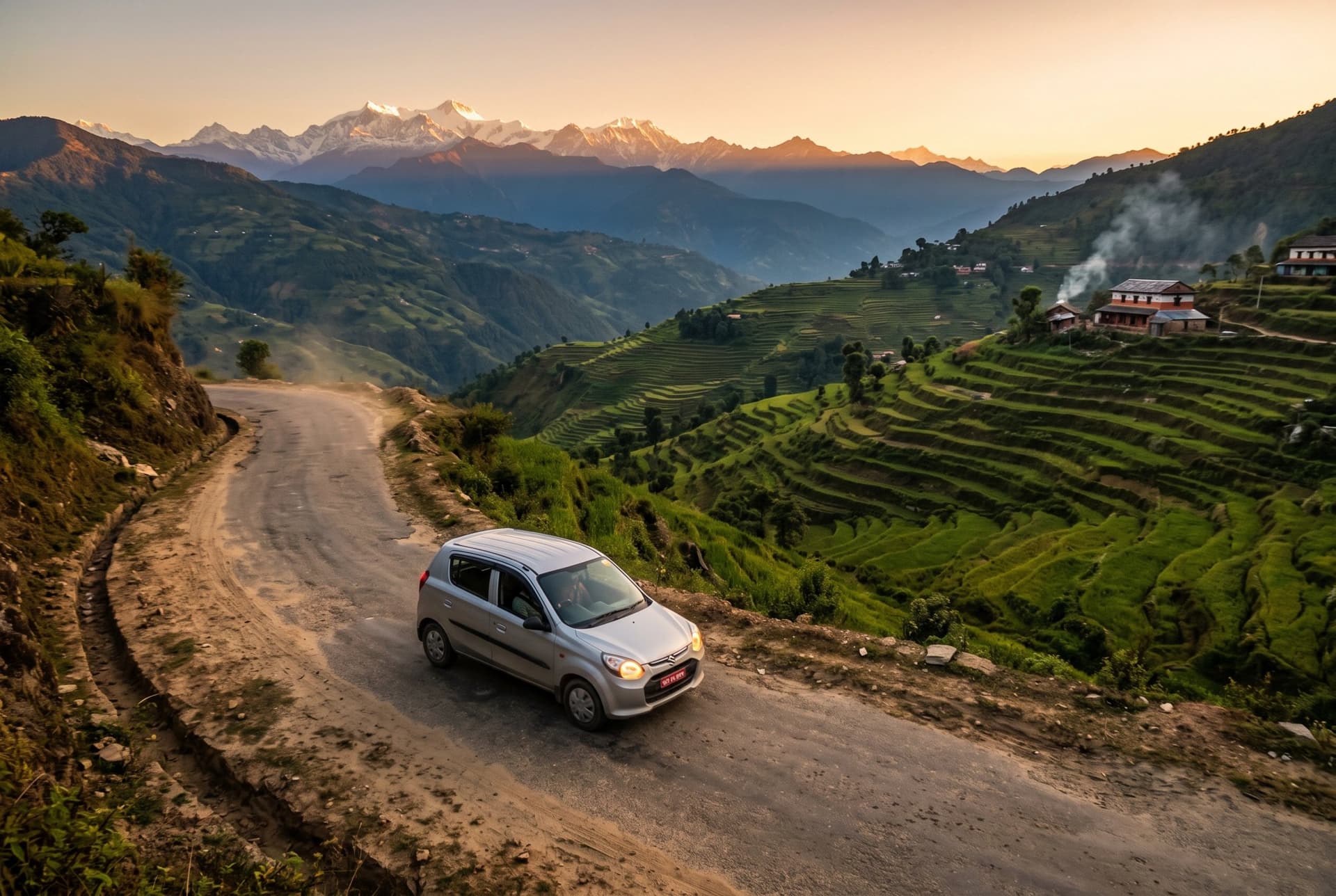 A rental car on a mountain road in Nepal at golden hour