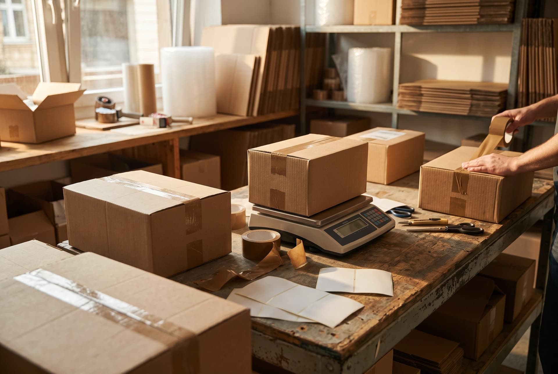 Parcels being packed and taped on a shipping counter