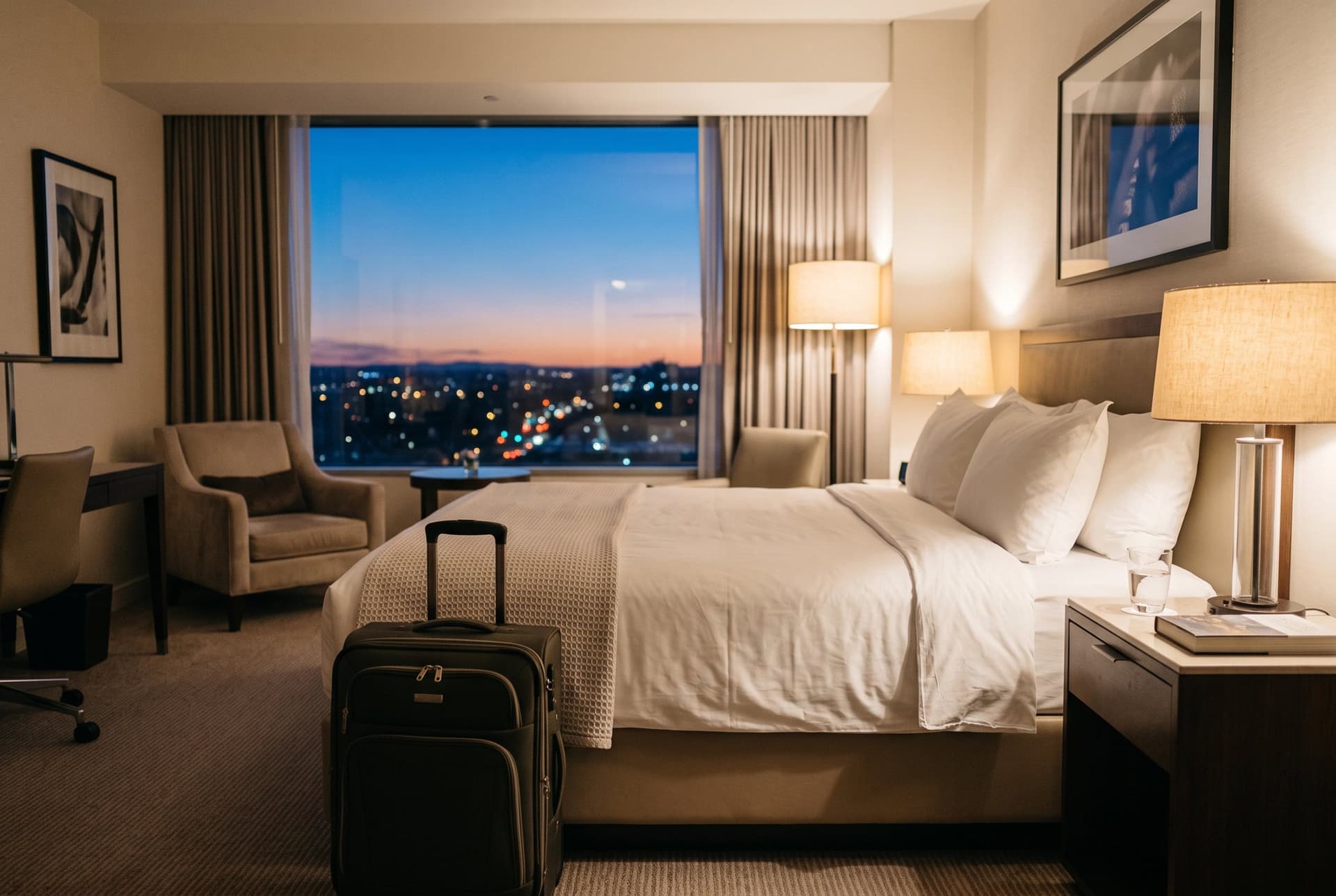 A hotel room with a made bed and a suitcase, the city at dusk outside