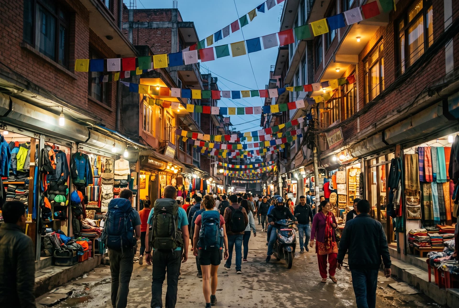 Thamel at dusk, prayer flags over the street